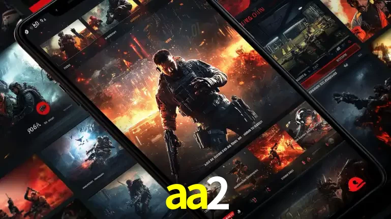 Tela de um celular exibindo uma galeria de jogos de tiro com temática militar, mostrando a variedade de e-sports disponíveis para apostas na plataforma de entretenimento aa2.
