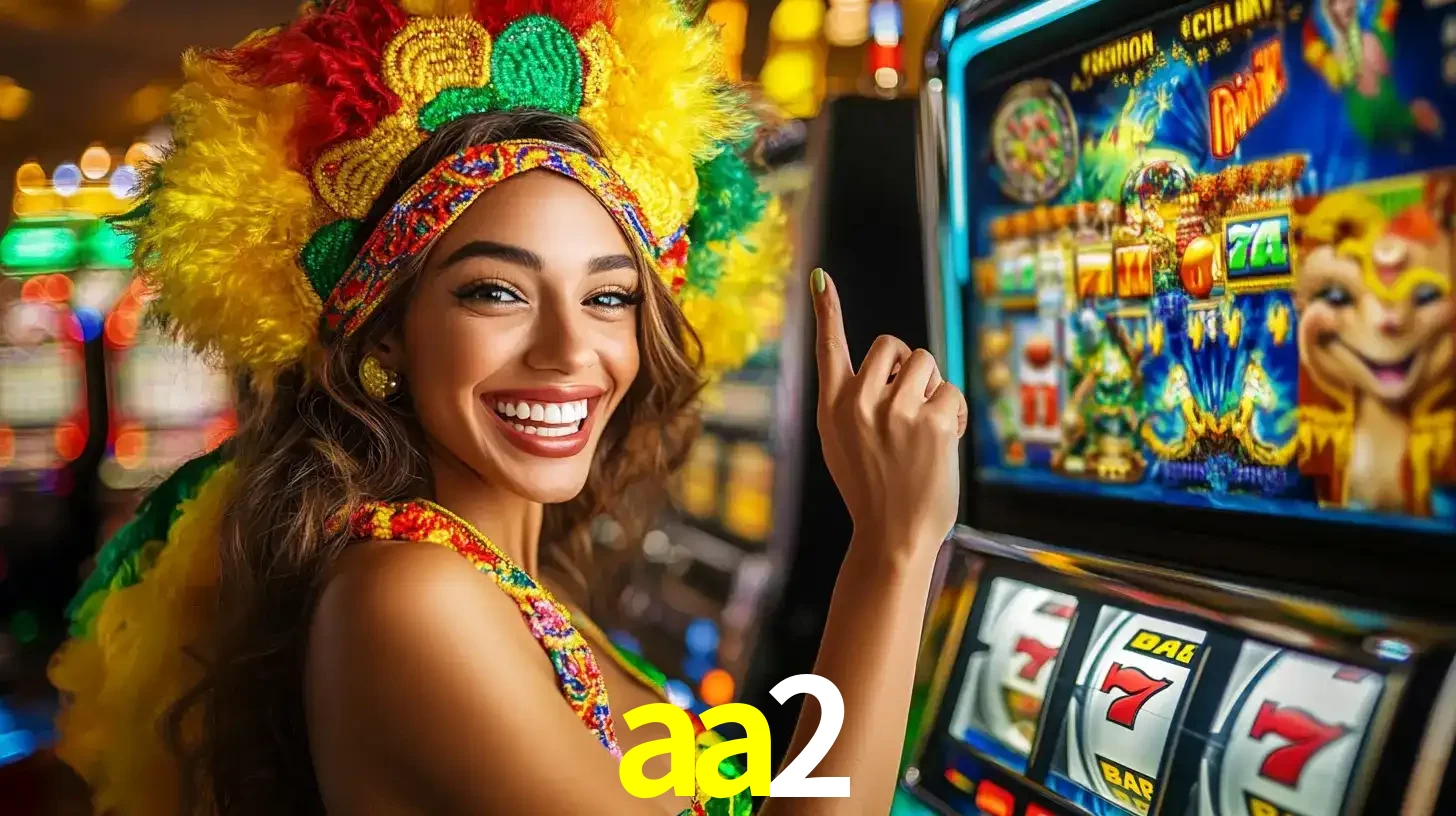 Mulher animada com um cocar de carnaval apontando para uma máquina de caça-níqueis, mostrando a emoção de ganhar um grande prêmio nos jogos do aa2.