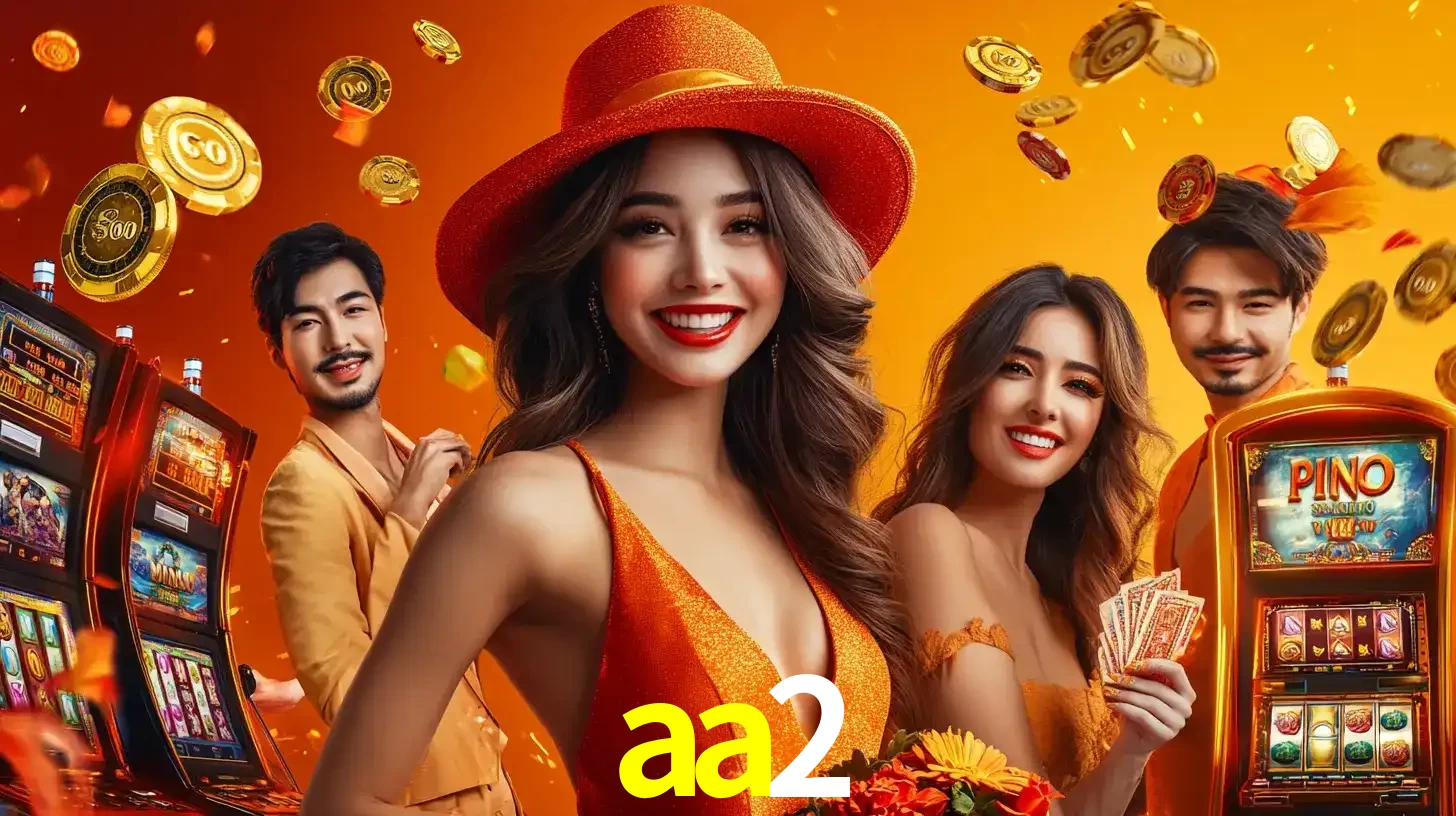 Grupo de amigos asiáticos sorrindo e se divertindo com máquinas de caça-níqueis em um ambiente festivo, celebrando suas vitórias nos jogos de cassino do aa2.