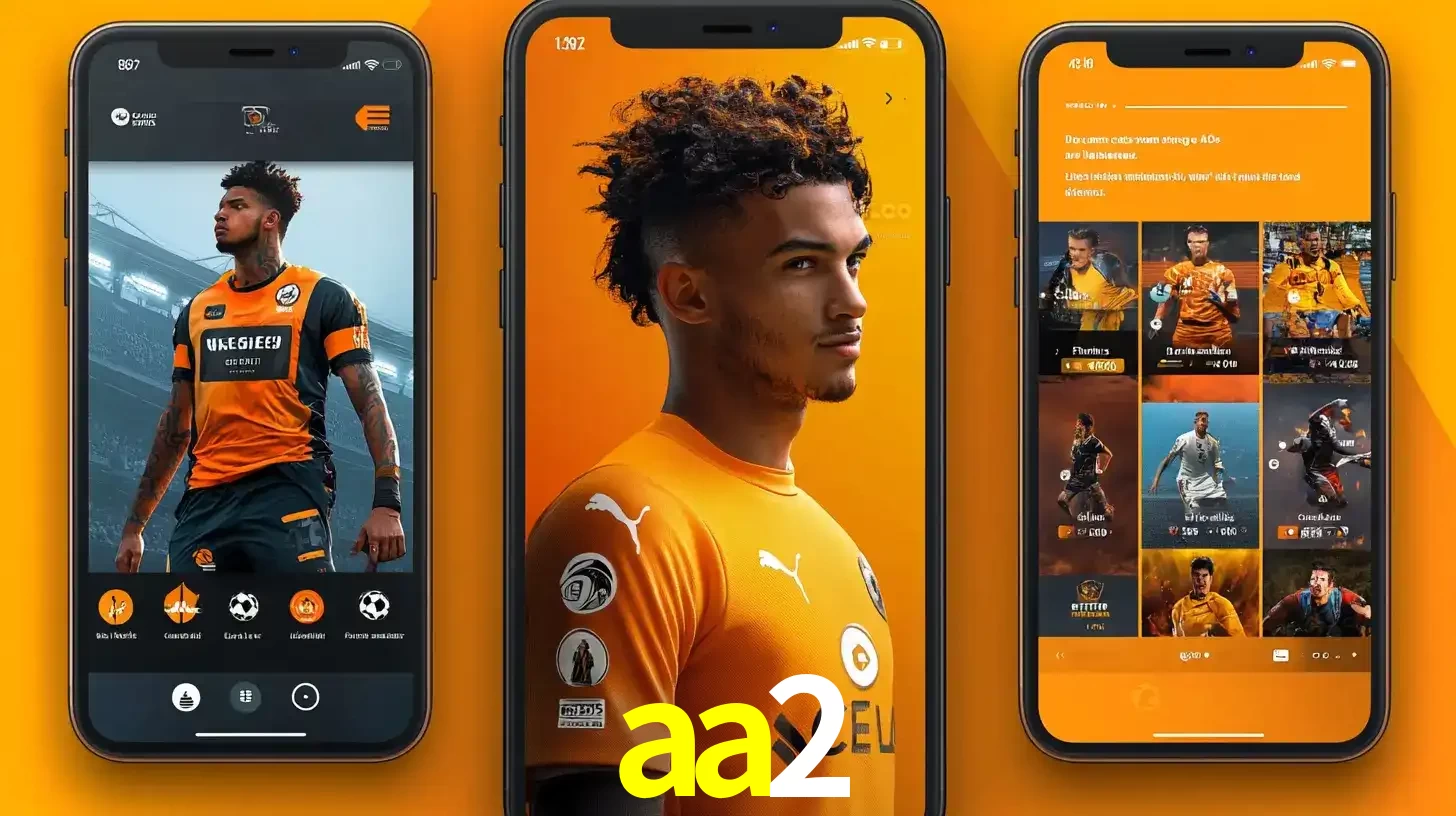 Interface do aplicativo de apostas esportivas aa2 em três telas de celular, mostrando o perfil de um jogador de futebol e a lista de jogos disponíveis para apostar.