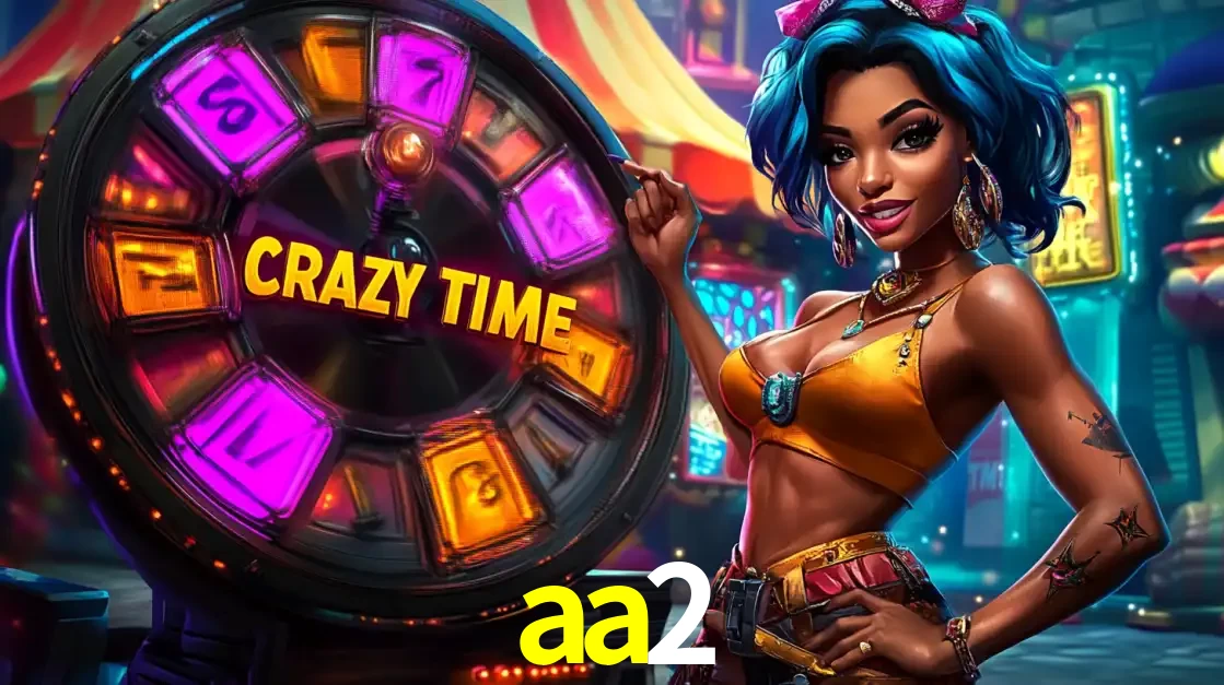 Mulher estilizada com cabelo azul e visual vibrante posando ao lado da roda de prêmios do game show Crazy Time, convidando para a diversão e os bônus do cassino aa2.