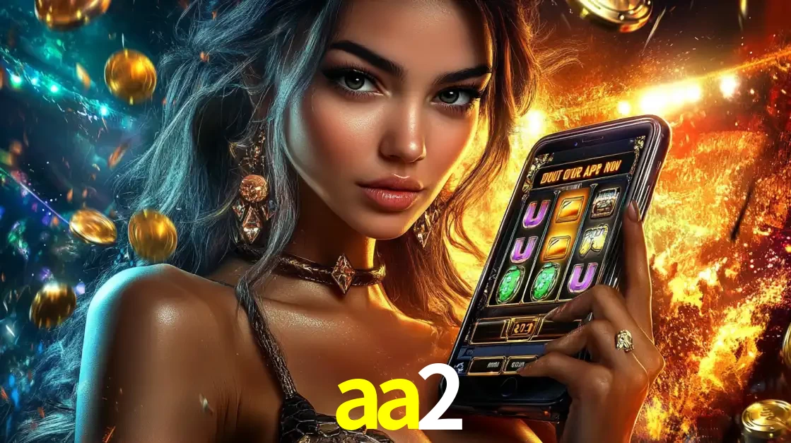 Mulher elegante mostrando um jogo de caça-níqueis em seu smartphone, destacando a experiência de cassino móvel oferecida pelo aplicativo aa2.
